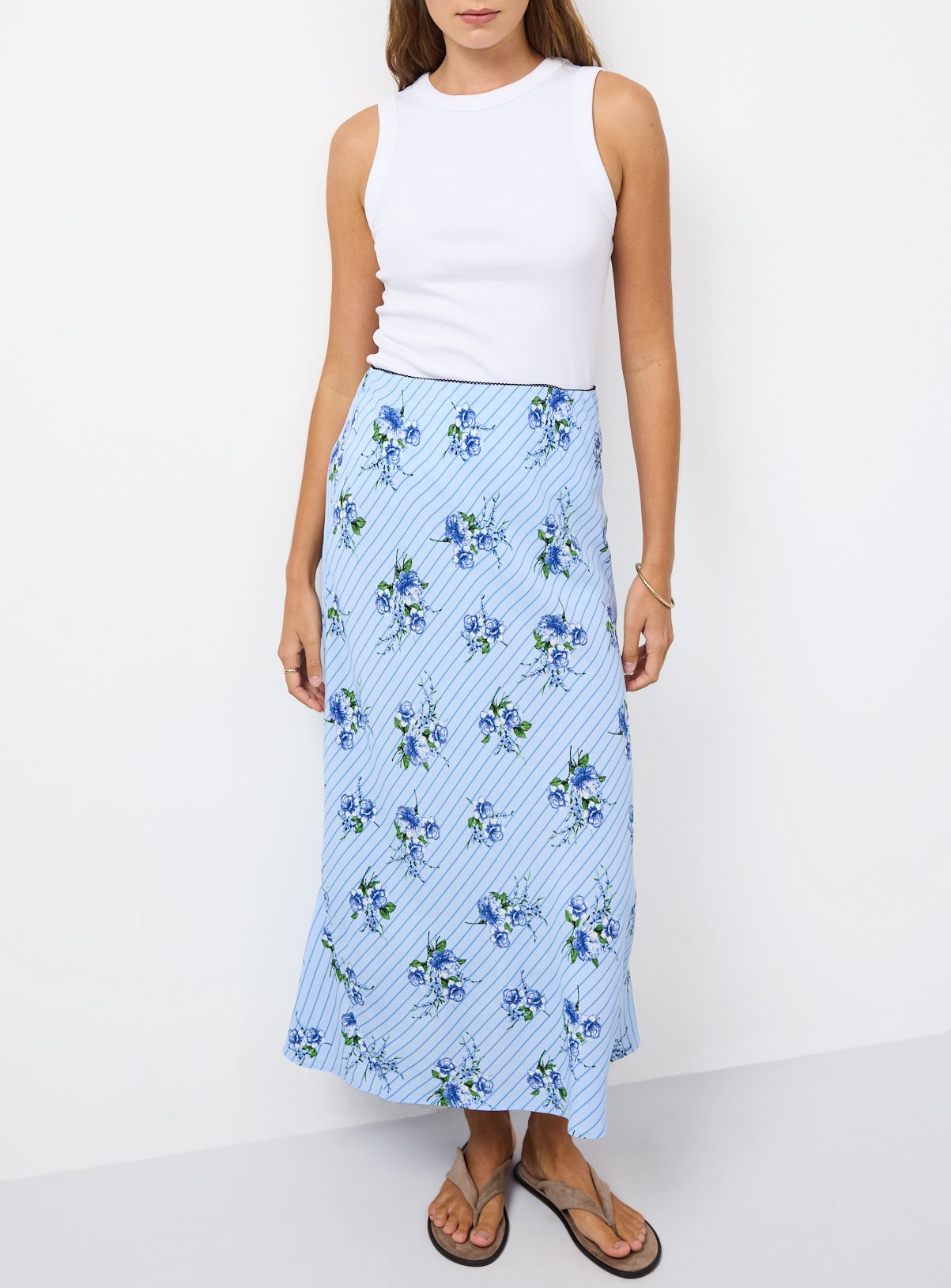 Blue Stripe Floral Print Midaxi Slip Skirt 8 - Image 1 thumbnail